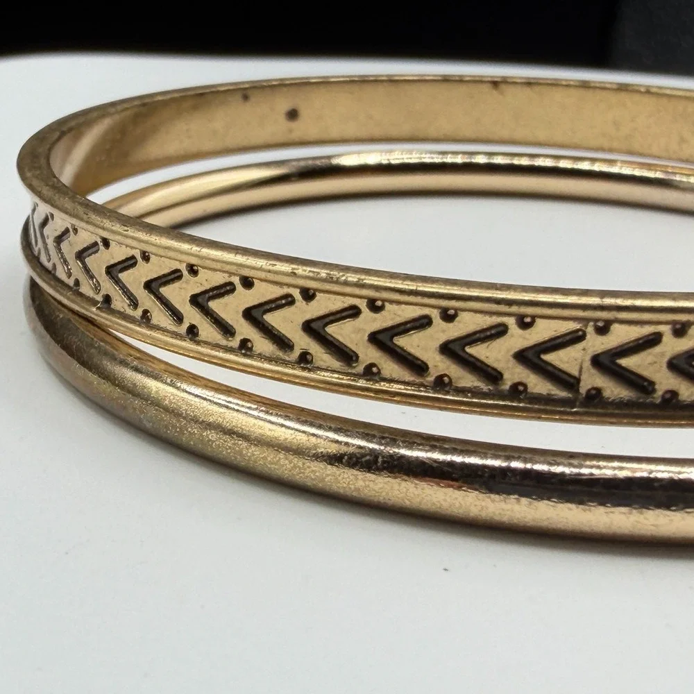 Gold Tone Set of 2 Bangle Bracelets Chevron Pattern Boho Stack Statement Gift